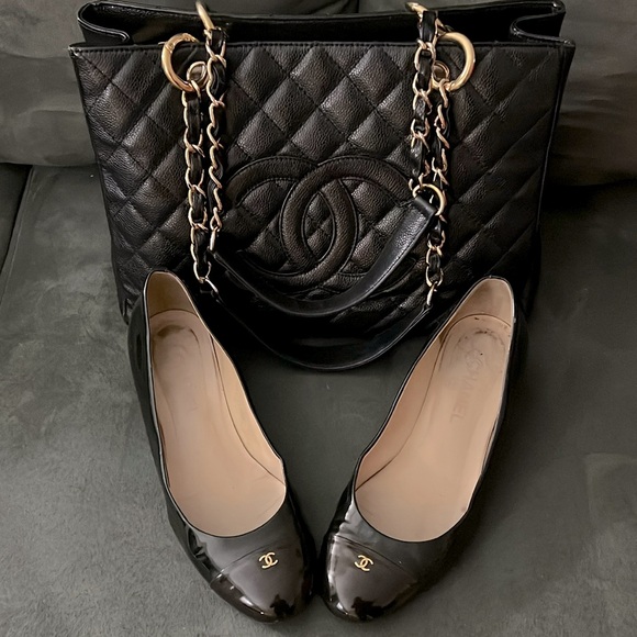 CHANEL Shoes - CHANEL Black Patent Leather Cap-Toe Ballet Flats